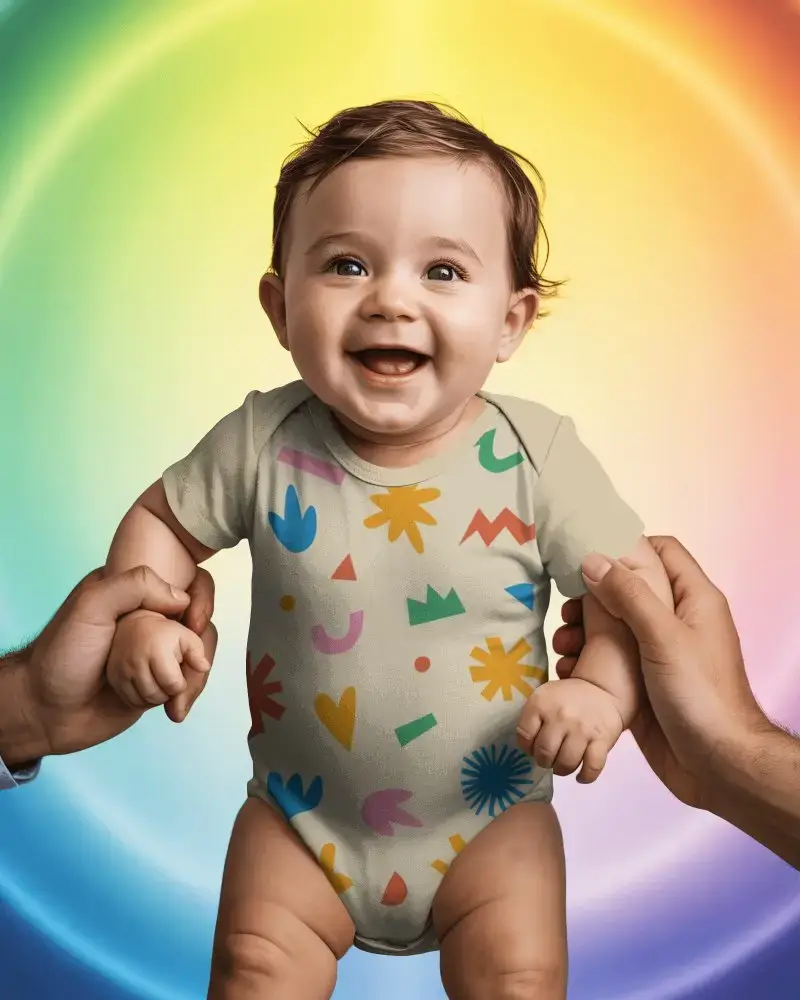 Adorable Baby Onesie Apparel Mockup Holding Hands Cute Baby Smiling Expressive Pose