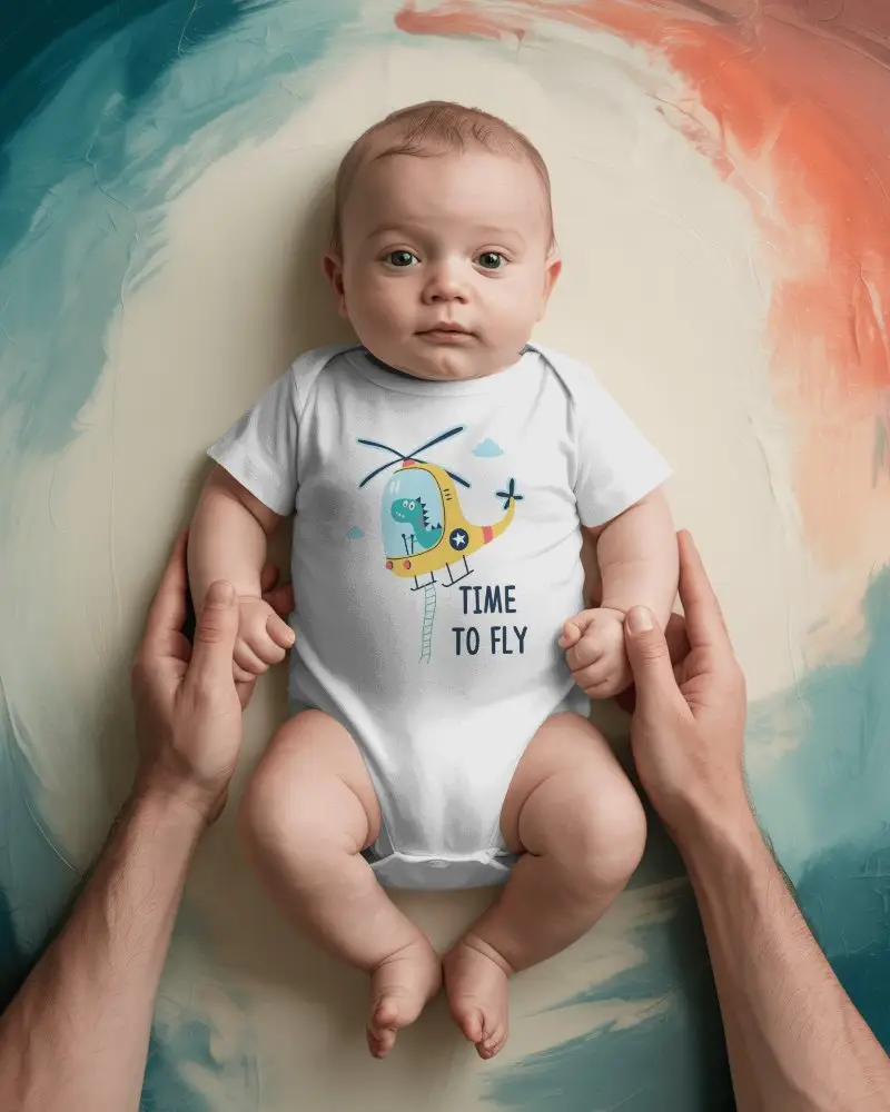 Baby Onesie Mockup Real Baby Flat Lay Studio Lighting Soft Pastel Art Background