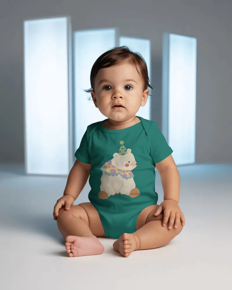 Baby Onesie Mockup Sitting Baby Model Front View Soft Studio Light Clean Modern Set