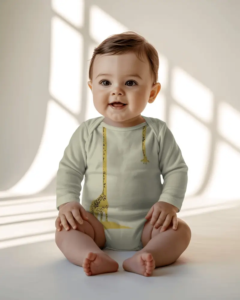 Baby Onesie Mockup Smiling Baby Sitting Front View Sunlit Interior Soft Natural Light