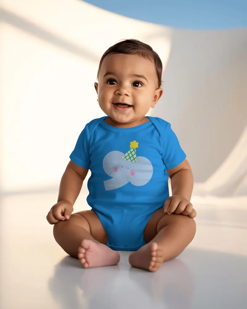 Baby Onesie Mockup Smiling Baby Sitting Front View In Soft Curved Studio With Natural Daylight