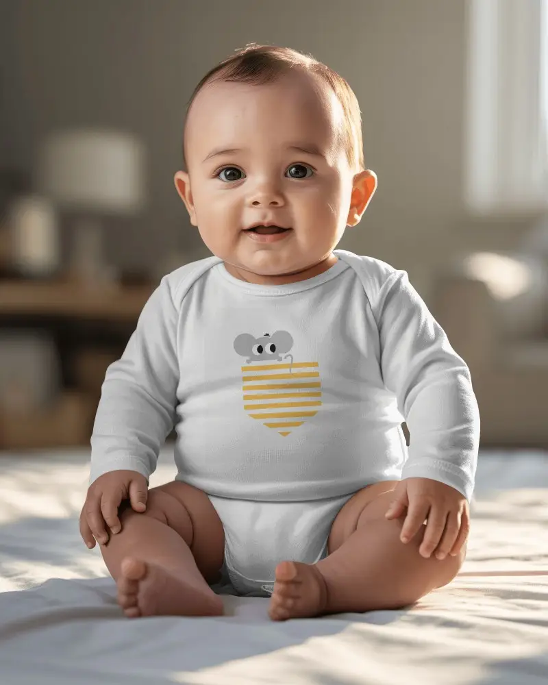 Baby Onesie Mockup Smiling Infant Sitting On Bed In Soft Natural Window Light Cozy Home Setting