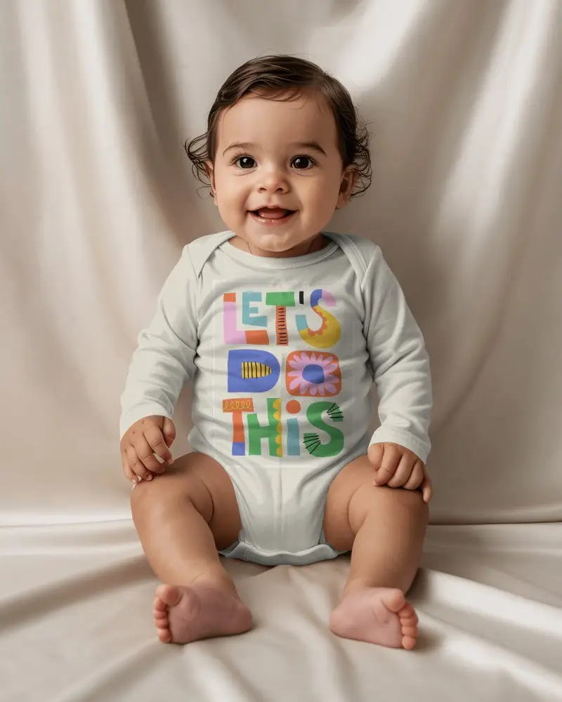 Baby Onesie Mockup Smiling Baby Sitting On Soft Draped Fabric In Warm Neutral Studio Light