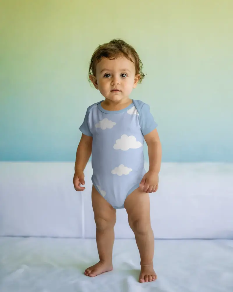 Cute Baby Wearing Short Sleeve Onesie Mockup For Newborn Infant Toddler Apparel Display