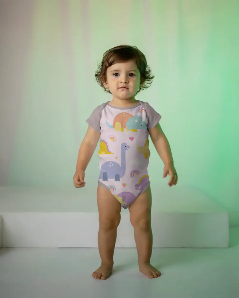 Minimalistic Baby Onesie Mockup Showcasing Kids Apparel In Studio Lighting Background