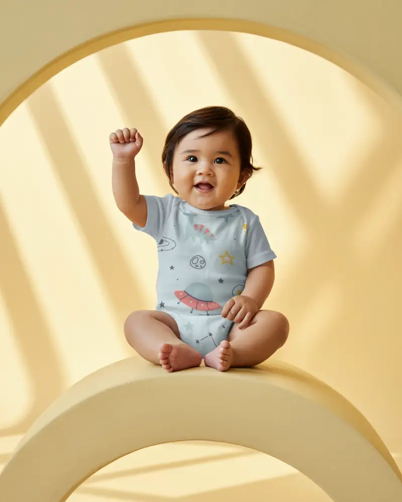 Adorable Infant Model Wearing Short Sleeve Baby Onesie Mockup Minimalist Background
