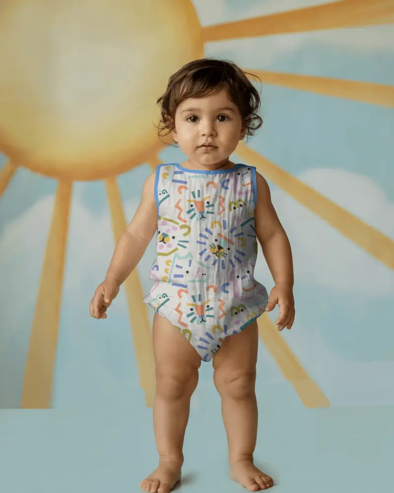 Cheerful Studio Baby Onesie Mockup Front View Toddler Under Sun Illustration Playful Background