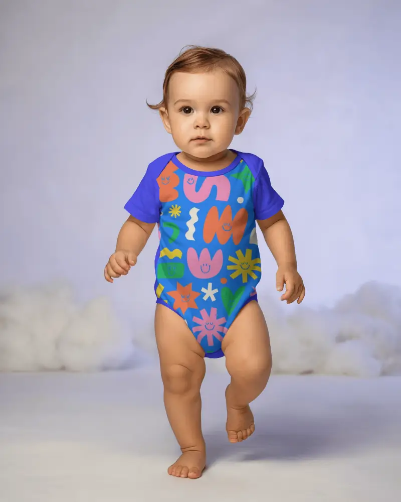 Dreamy Studio Baby Onesie Mockup Toddler Walking Forward With Cloud Props Soft Lighting Setup