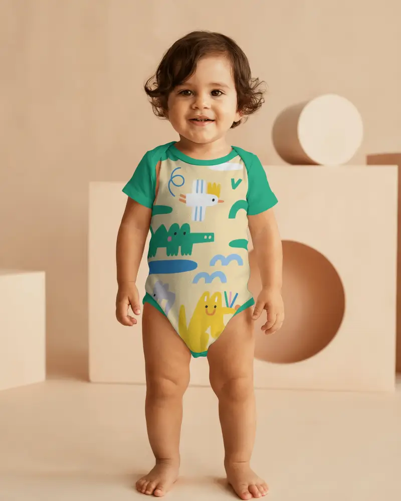 Minimal Geometry Baby Onesie Mockup Smiling Toddler Standing In Modern Studio With Round Props