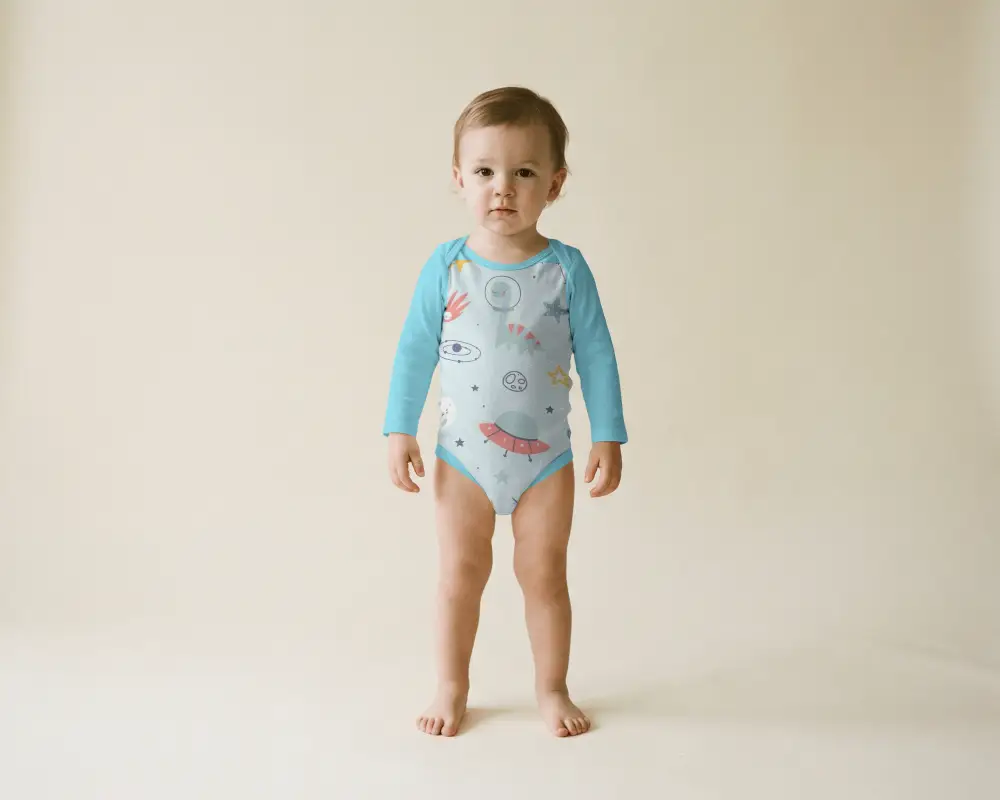 Soft Neutral Baby Onesie Mockup Long Sleeve Toddler Standing Centered In Studio With Clean Space