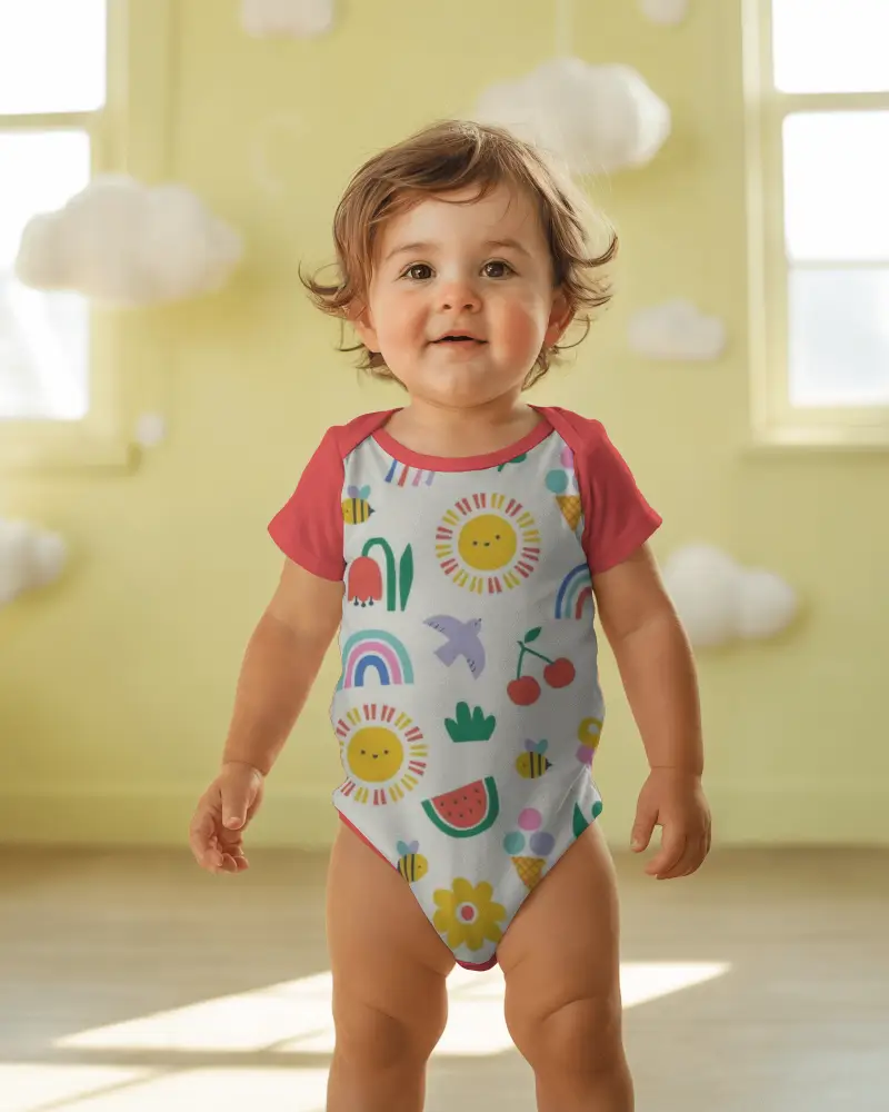 Warm Nursery Onesie Mockup Smiling Toddler Standing With Hanging Clouds Soft Window Light