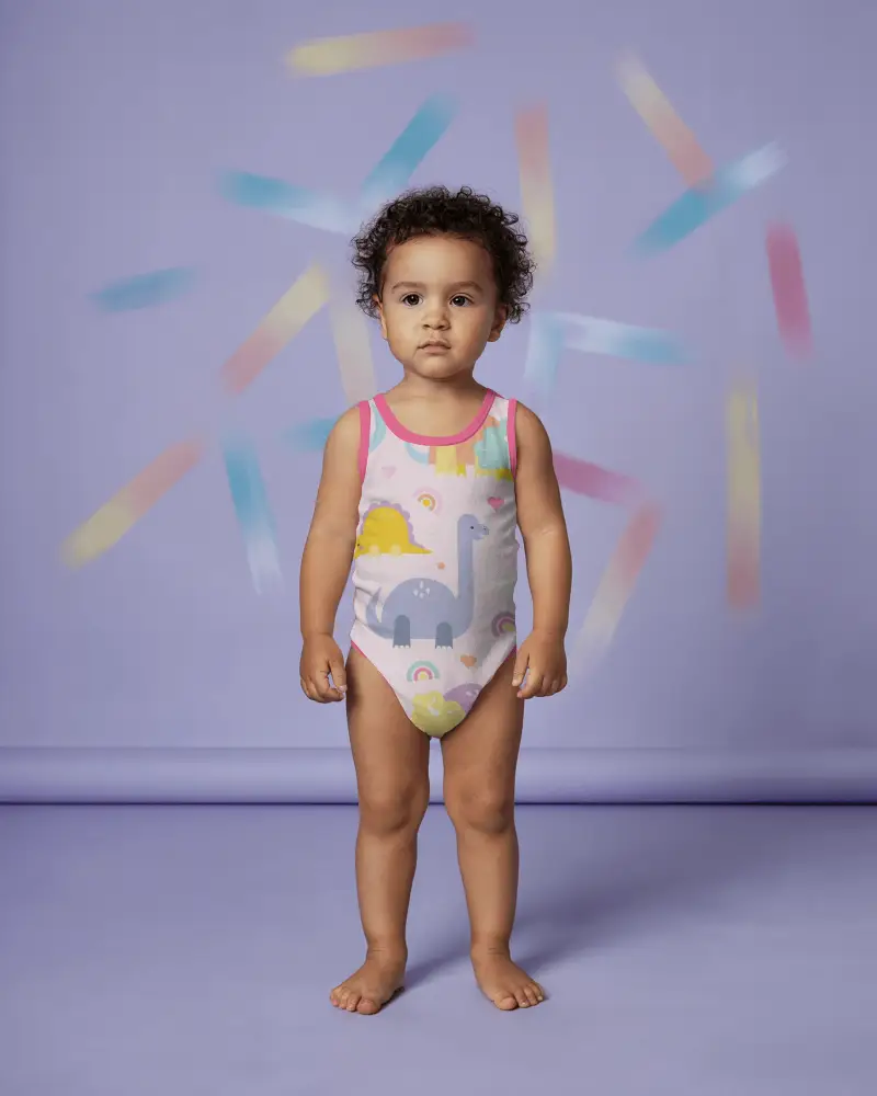 Playful Colorful Baby Onesie Mockup Toddler Standing In Creative Studio With Painted Backdrop