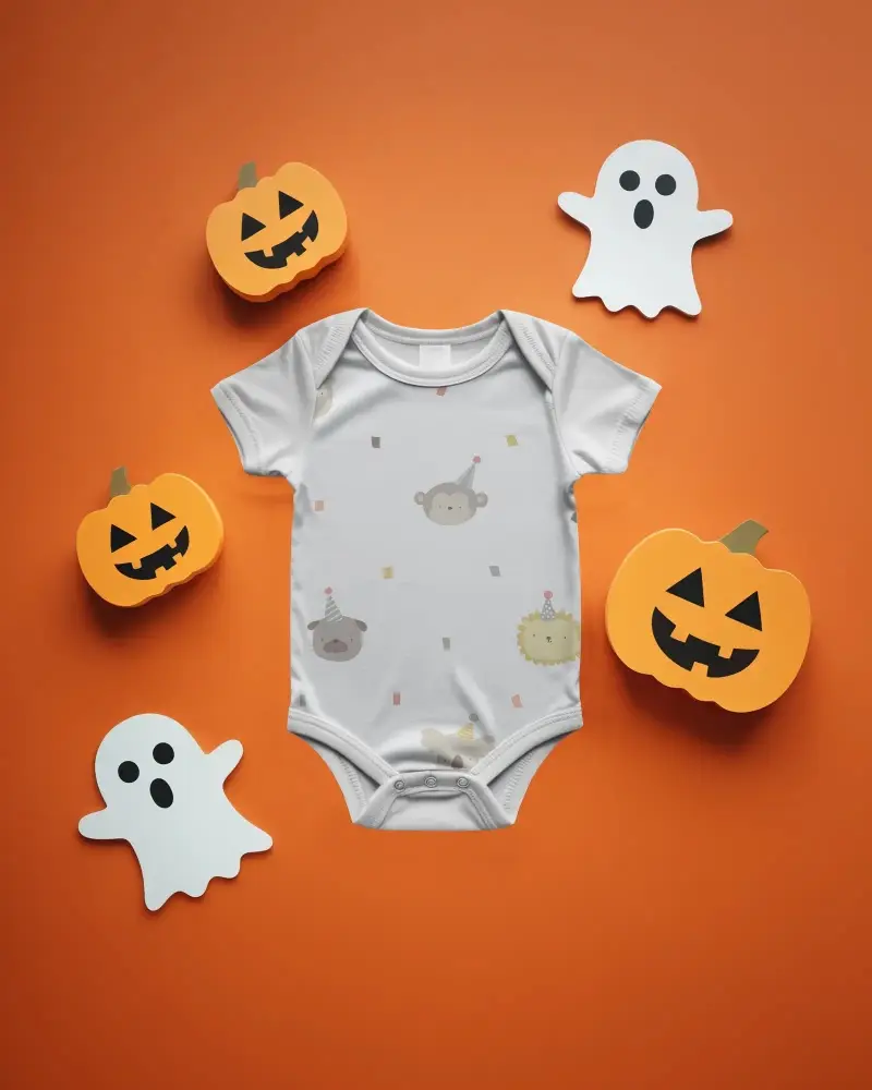 Baby Onesie Mockup With Halloween Pumpkin And Ghost Themed Background Perfect For Designs