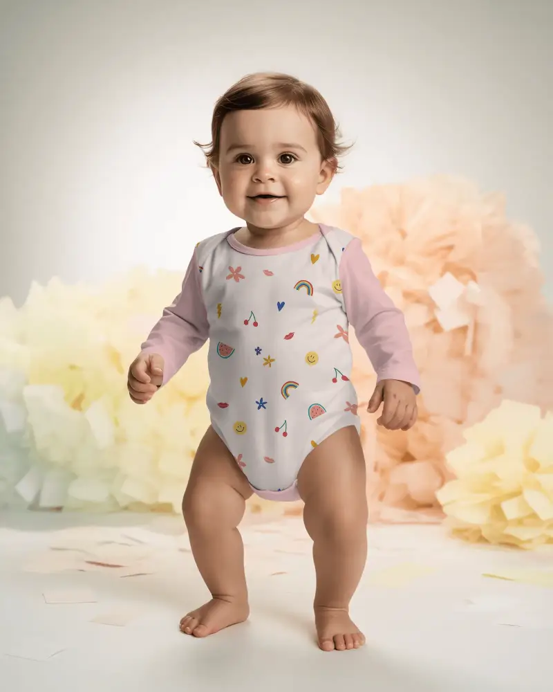 Cute Infant Long Sleeve Onesie Mockup With Natural Pose And Soft Backdrop Design