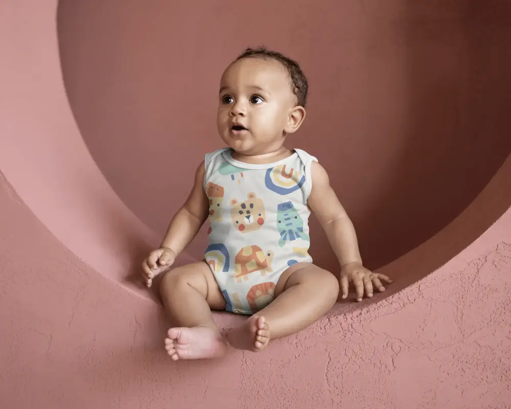 Baby Onesie Mockup Sitting Stylish Infant Outfit Soft Fabric Babywear Minimalist Background