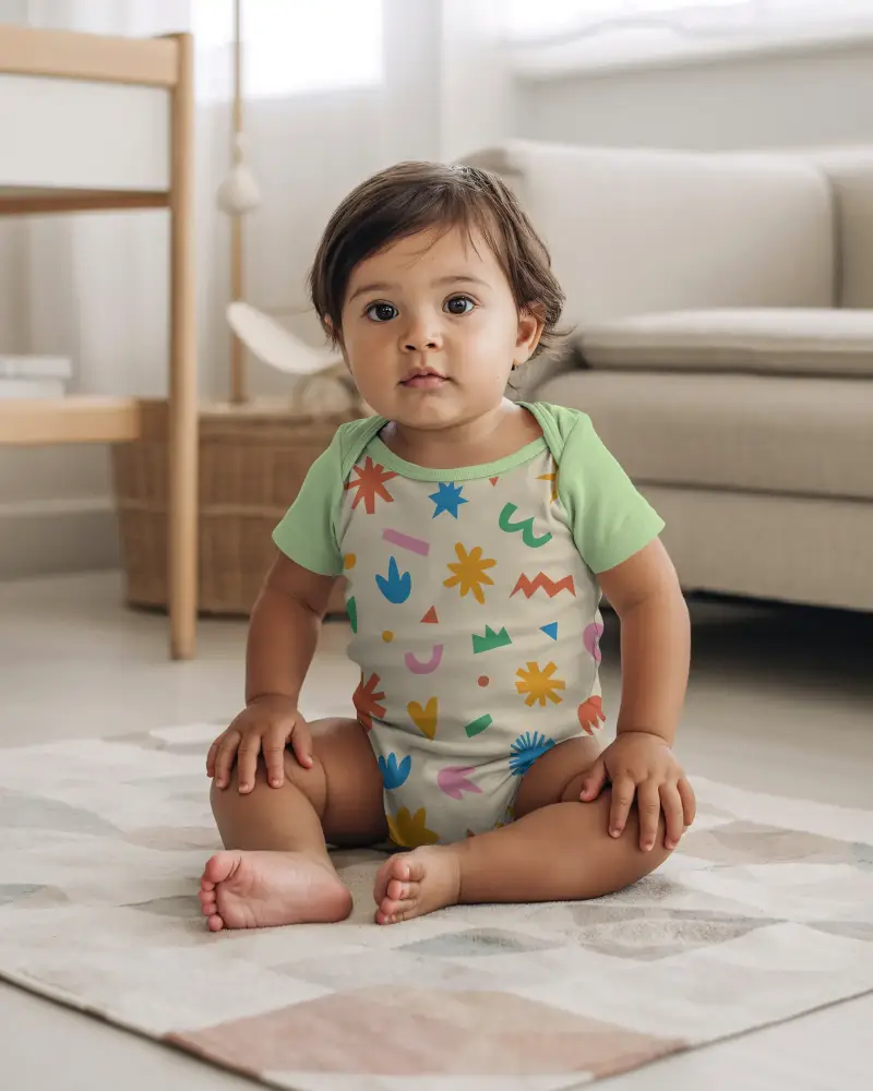 Baby Onesie Mockup With Baby Sitting On Floor In Simple Modern Room Setting