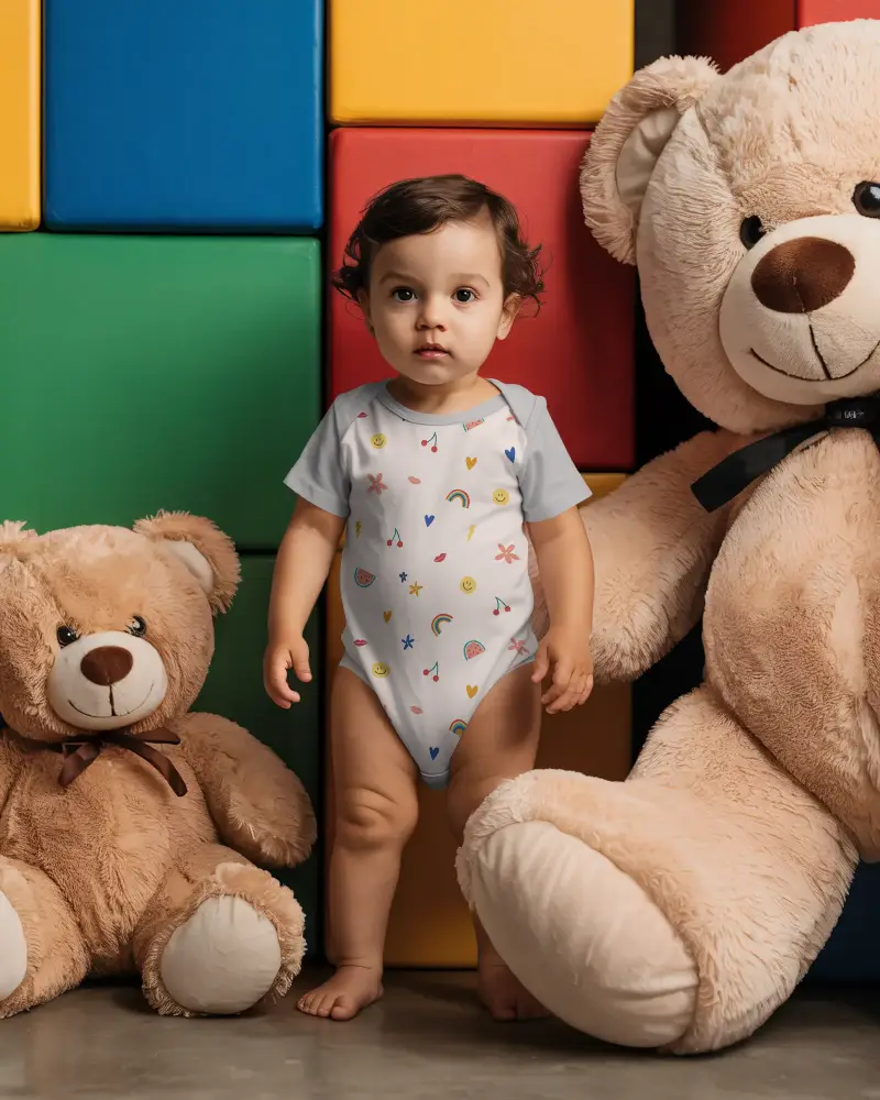 Baby Onesie Mockup With Teddy Bears And Color Block Background For Kids Wear
