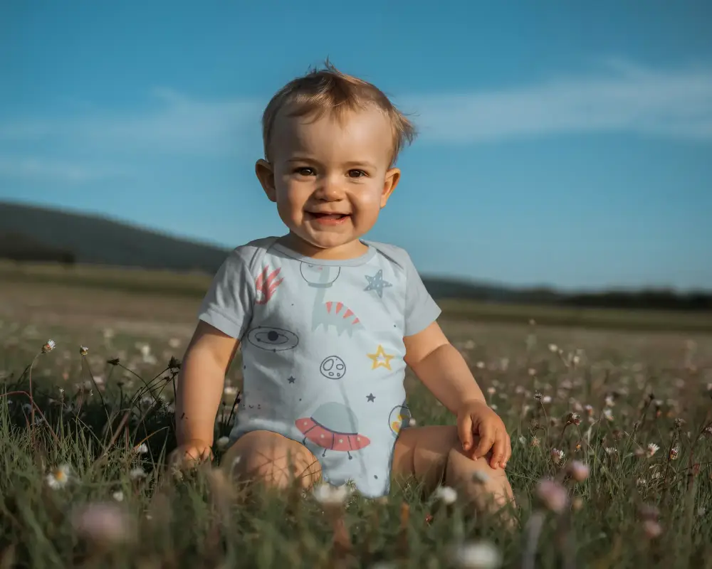 Happy Baby In Soft Cotton Onesie Mockup On Grass Outdoors With Smiling Face Joyful Mood