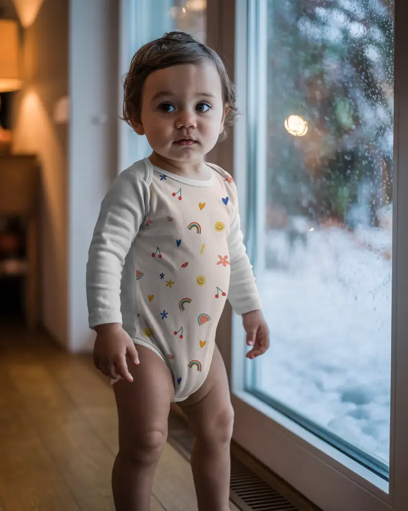 Toddler Onesie Mockup Long Sleeve Bodysuit At Home Casual Cozy Children Apparel