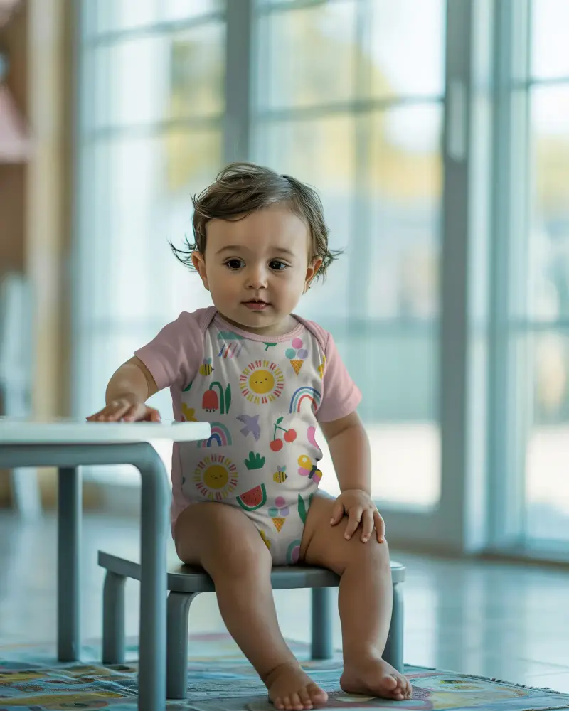 Realistic Baby Wear Onesie Mockup With Casual Pose Near Childrens Play Area