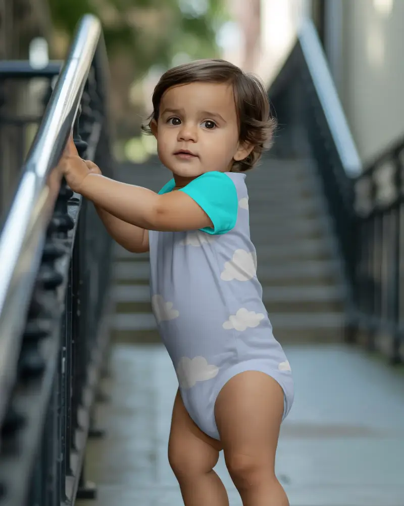 Cute Baby Holding Rail Outdoor Urban Setting Comfortable Infant Onesie Bodysuit Mockup