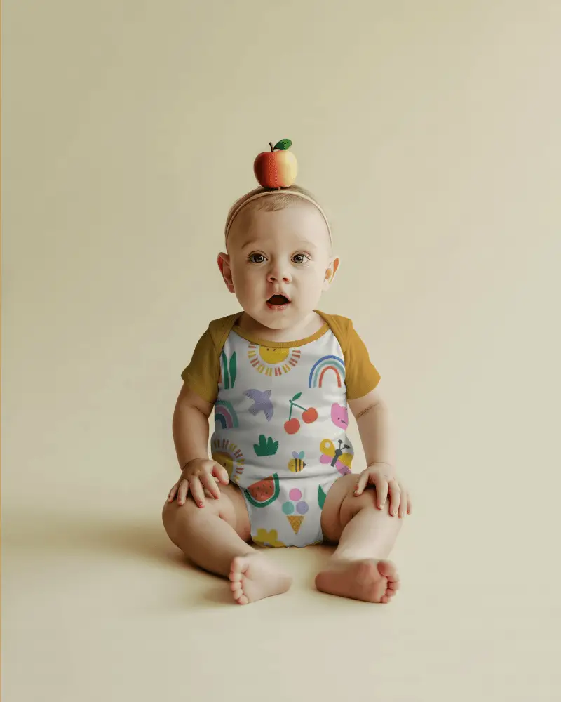 Cute Baby Wearing Soft Comfortable Breathable Onesie Mockup Sitting Isolated On Smooth Background