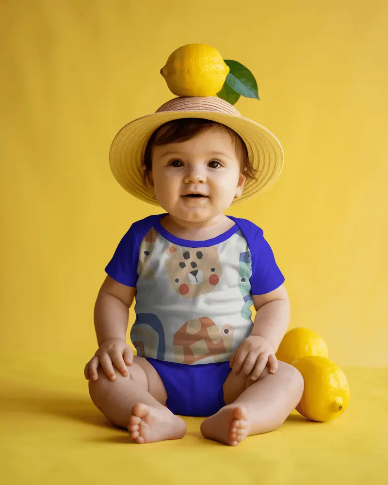 Adorable Baby Onesie Mockup With Cute Infant Sitting And Wearing Plain Bodysuit