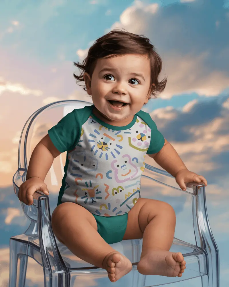Adorable Baby Onesie Mockup In Transparent Chair Capturing Cute Expression And Comfort Fit