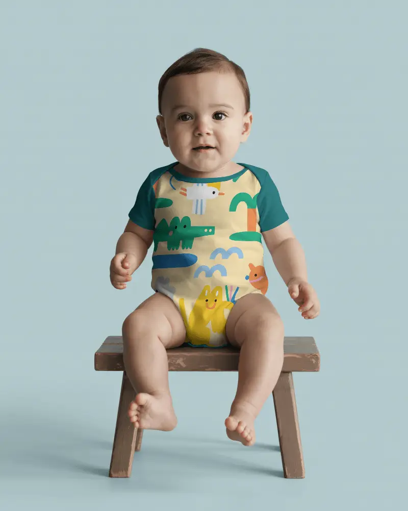 Baby Onesie Mockup Sitting On Wooden Bench Clean Background Baby Clothing Display
