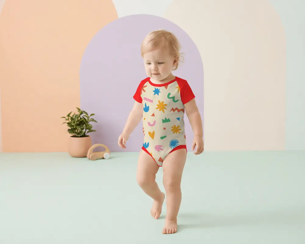 Playful Arched Studio Baby Onesie Mockup Toddler Walking Forward With Minimal Props Setup