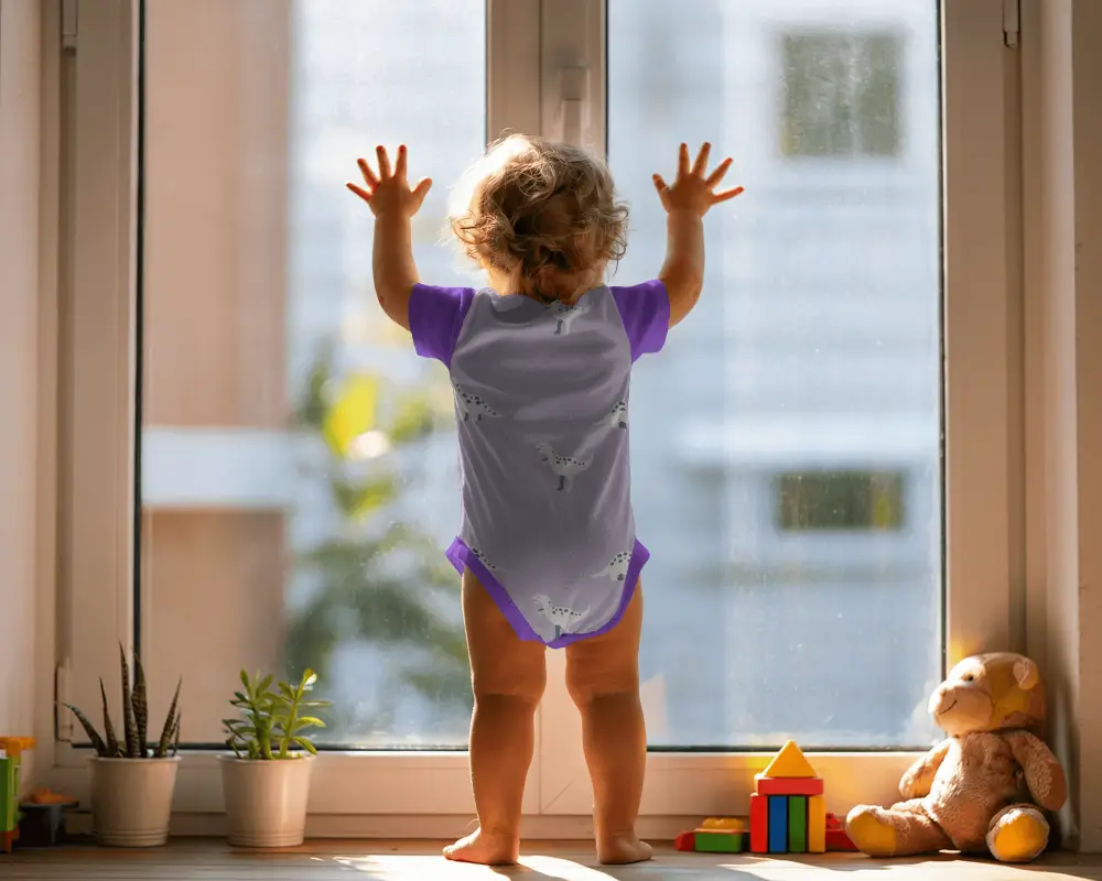Sunlit Window Baby Onesie Mockup Back View Toddler Reaching Glass With Home Nursery Depth