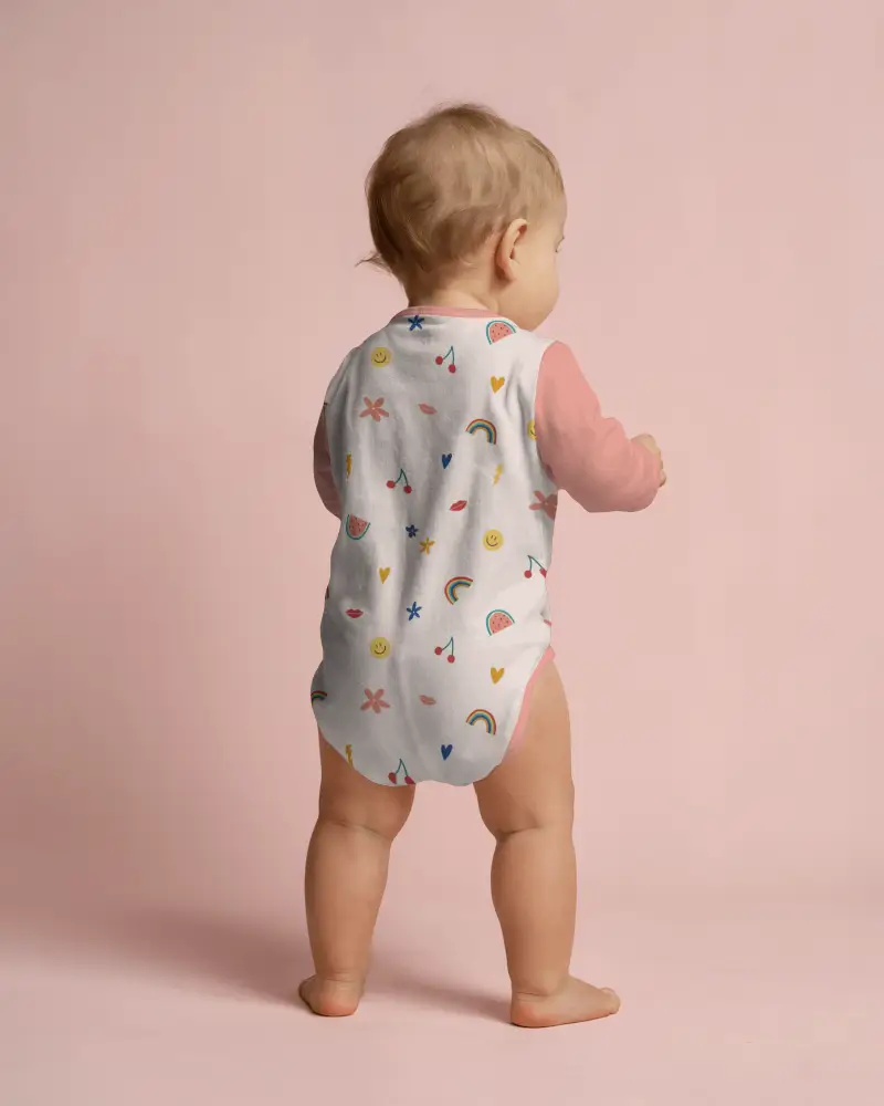 Minimal Back View Baby Onesie Mockup Toddler Standing On Seamless Floor With Gentle Light