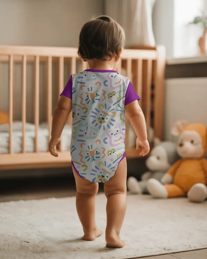 Cozy Nursery Baby Onesie Mockup Back View Toddler Walking Toward Crib Lifestyle Scene