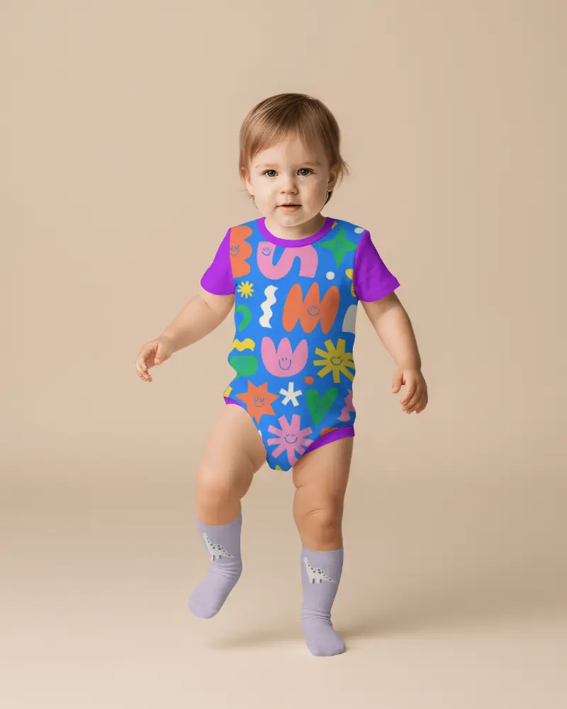 Joyful Front Walk Baby Onesie Mockup Toddler In Motion With Soft Studio Depth And Balance