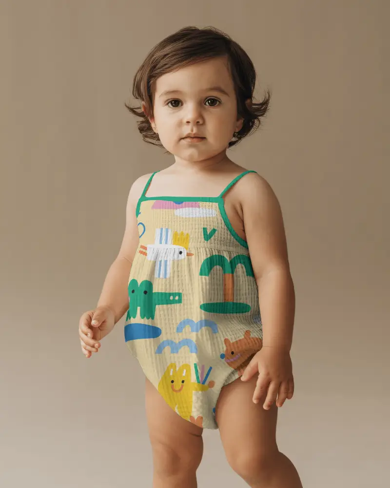 Elegant Onesie Mockup Front View Toddler Standing Calm In Editorial Style Lighting