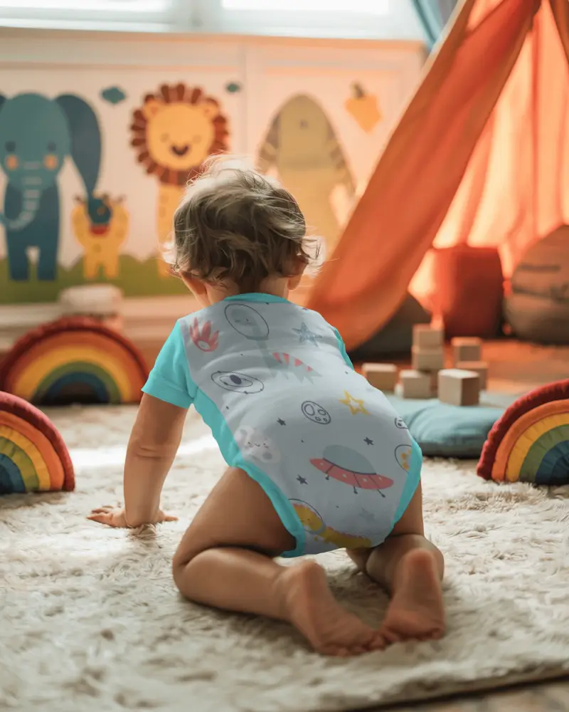 Crawling Toddler Baby Onesie Mockup Back View Playroom Scene With Soft Rug And Depth