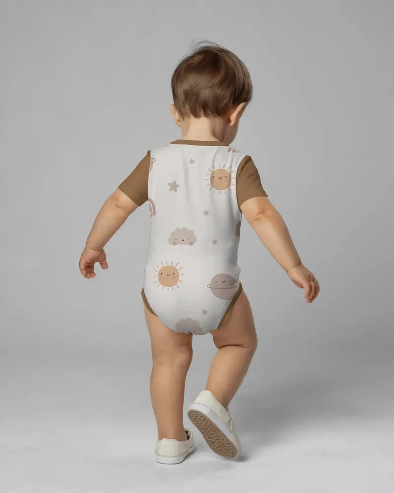 Back View Baby Onesie Mockup Toddler Walking Away In Clean Studio With Natural Body Motion