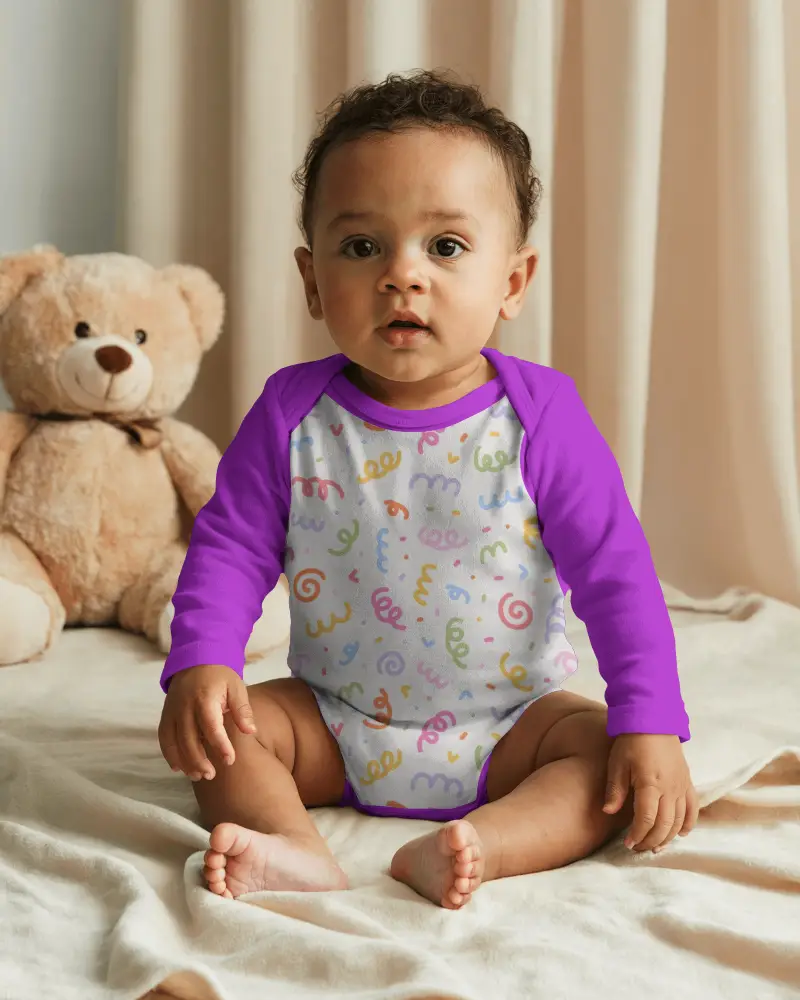 Seated Onesie Mockup Front View On Bed With Soft Fabric Folds And Cozy Lifestyle Feel