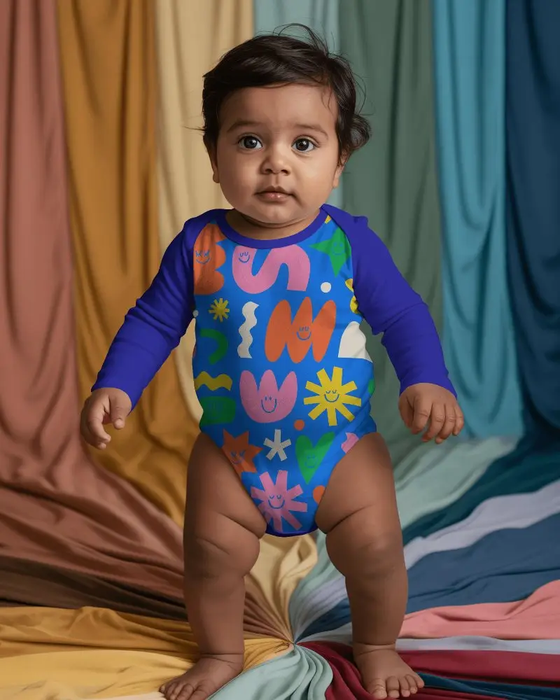 Baby Onesie Mockup With Long Sleeves Standing Pose High Quality Closeup Shot