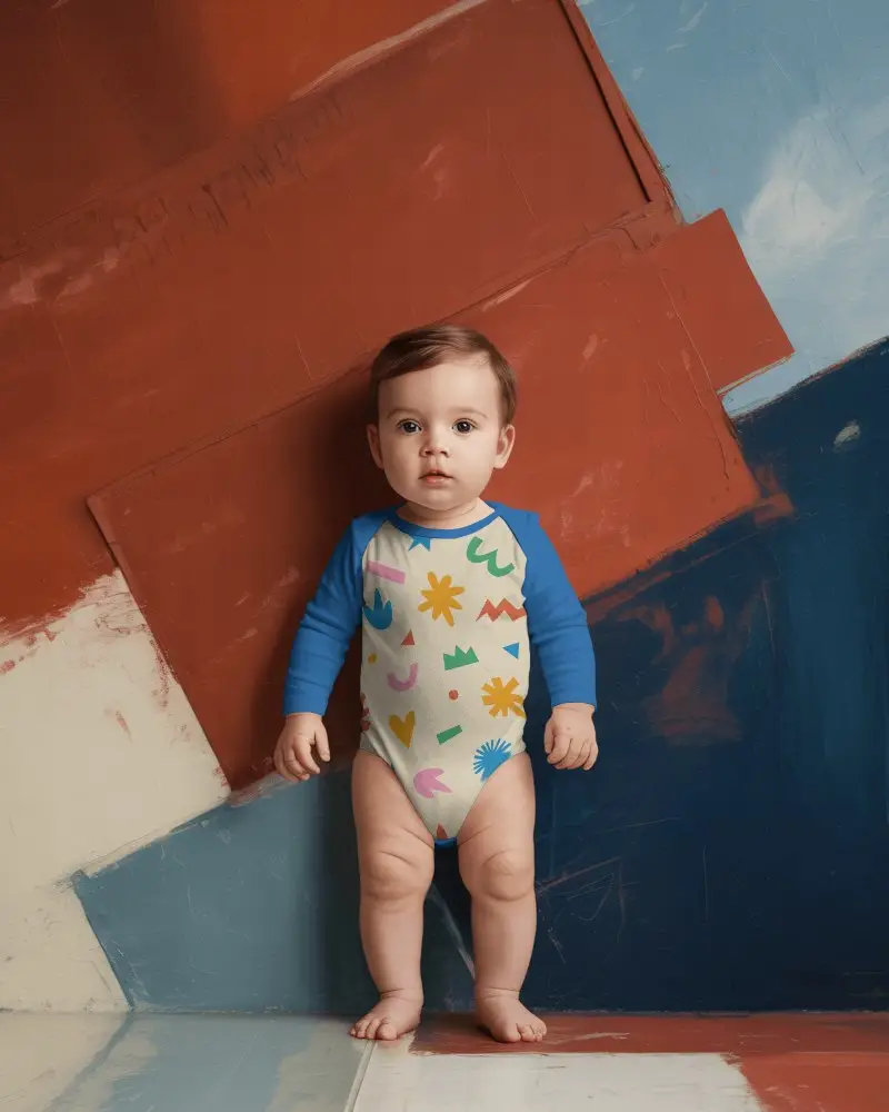 Adorable Baby Onesie Mockup Long Sleeve Infant Bodysuit Studio Background Fashion Shoot