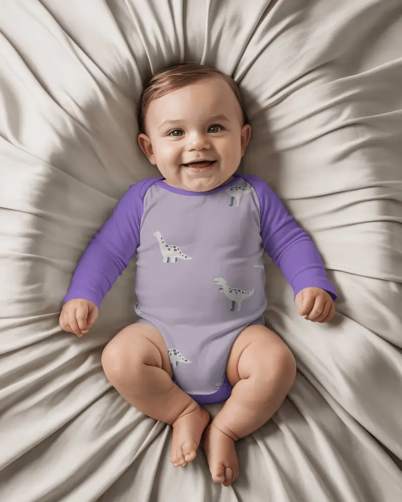 Adorable Baby Wearing Soft Long Sleeve Onesie Mockup Posing On Crumpled Fabric Background