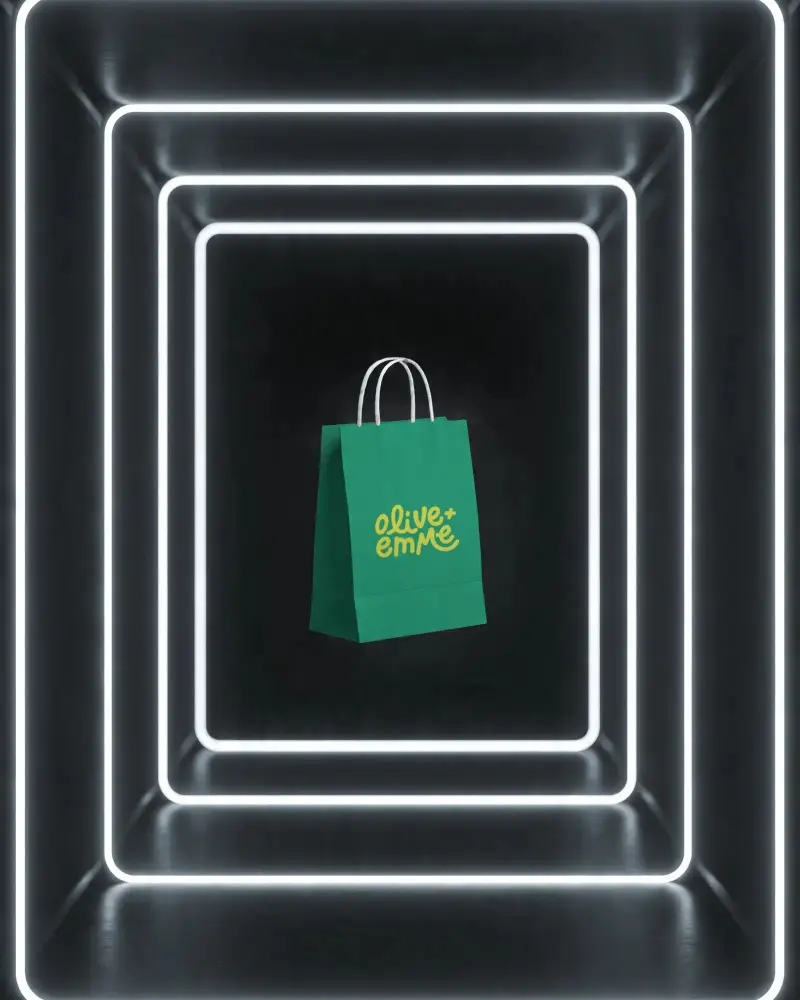 Modern Floating Paper Bag Mockup In Futuristic Light Box Background For Product Display