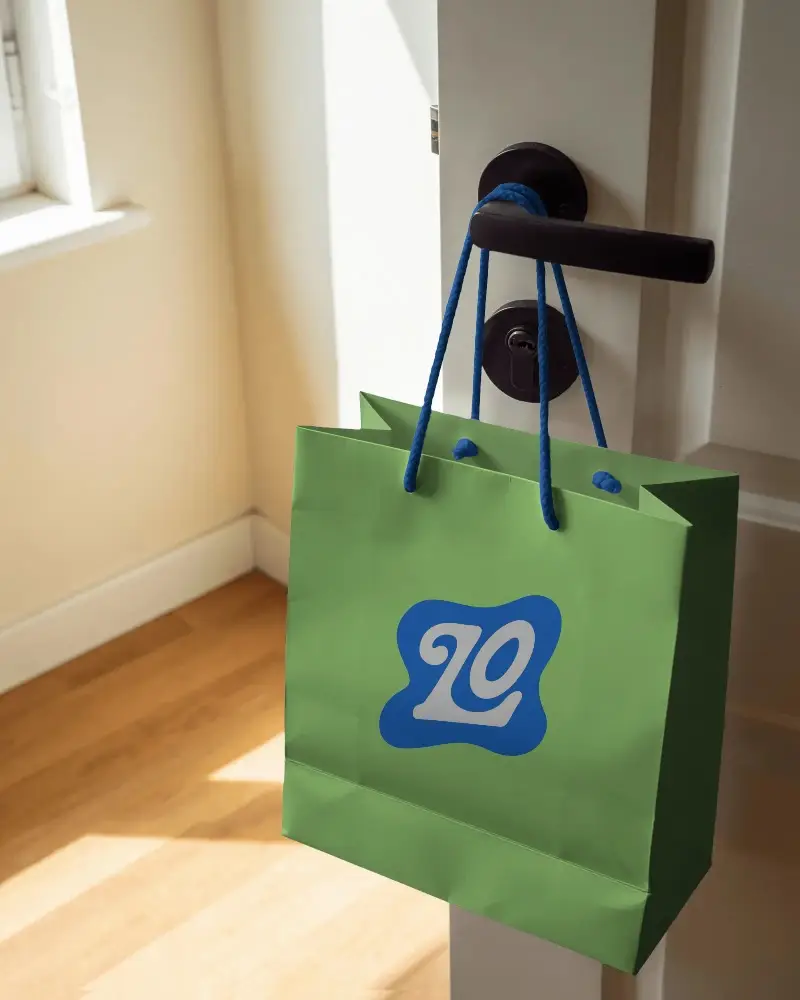Reusable Paper Shopping Bag With Twist Handle On Wooden Floor Background Mockup