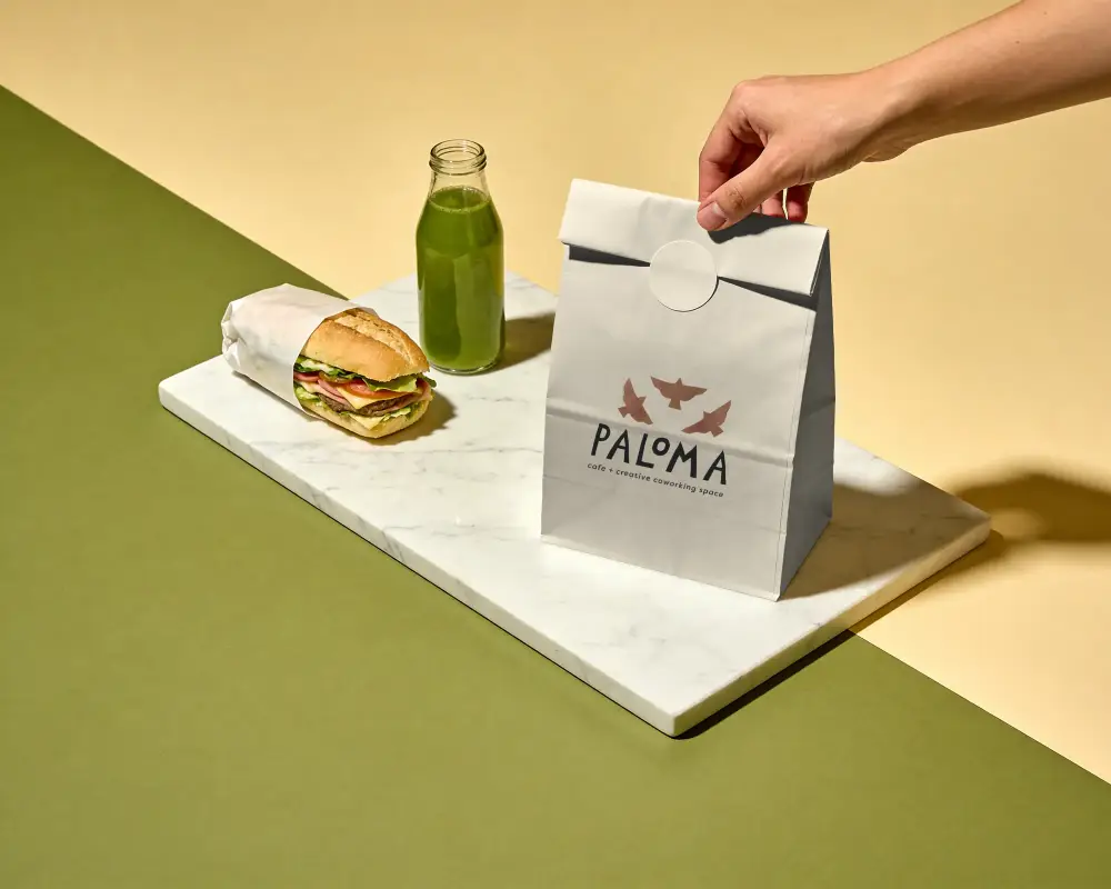 Paper Bag Mockup With Round Seal Surrounded By Lunch Sandwich And Bottle Drink
