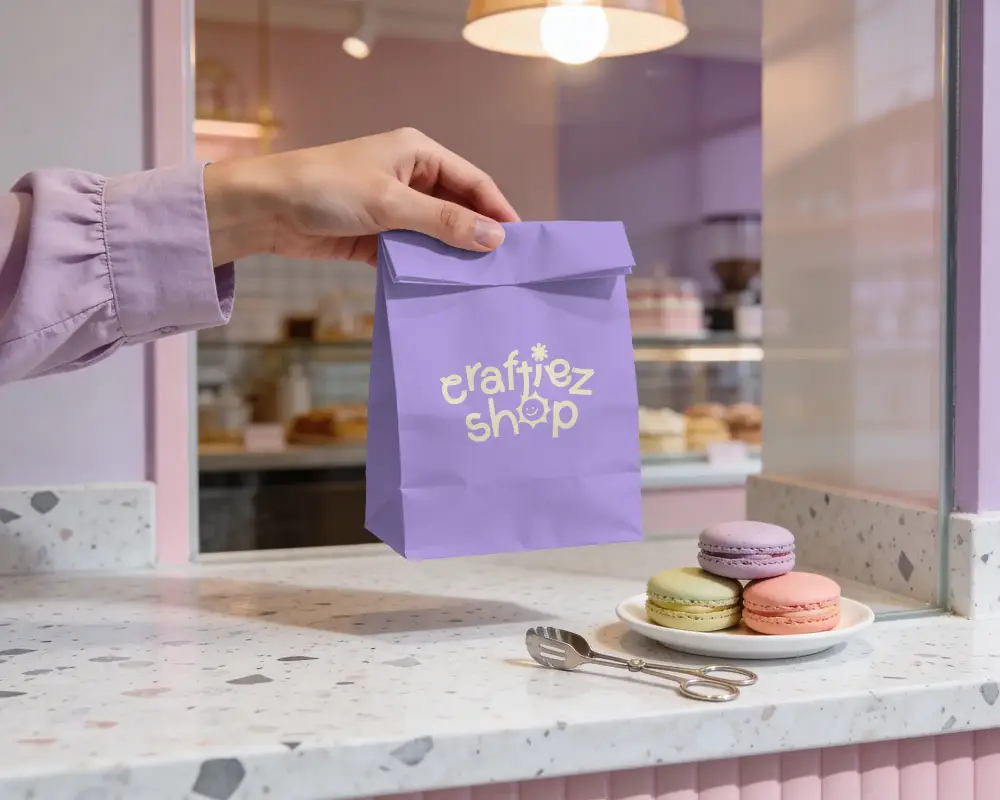 Hand Holding Paper Bag Mockup On Counter With Cafe Background For Branding