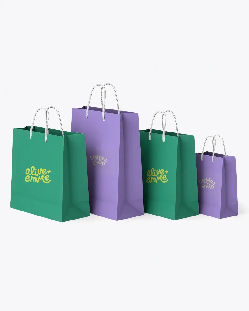 Plain Paper Bag Mockups With Rope Handles In Multiple Sizes For Retail Packaging Display
