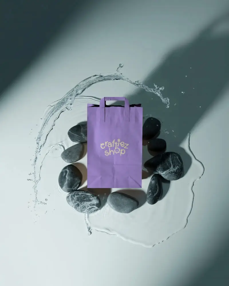 Eco Friendly Paper Bag Mockup With Water Splash And Stone Background For Branding