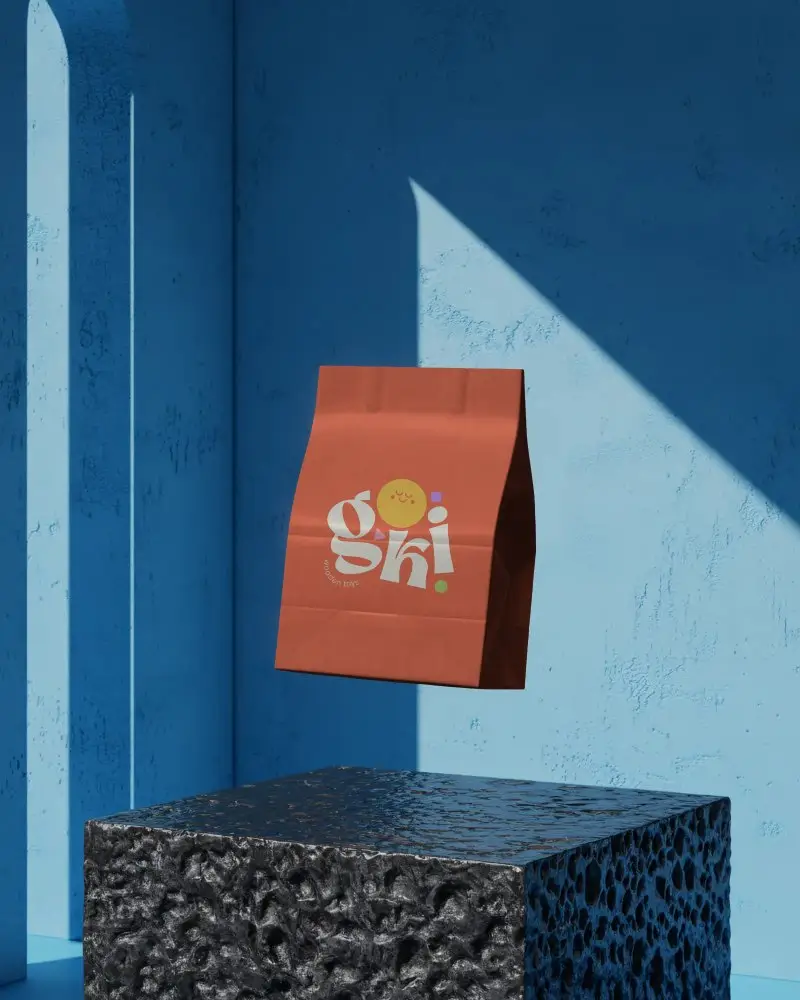 Sustainable Floating Paper Bag Mockup Presented In Abstract Architectural Blue Setting For Design