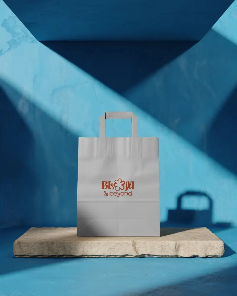 Minimalist Paper Bag Mockup With Spotlight Shadow On Concrete Platform Presentation