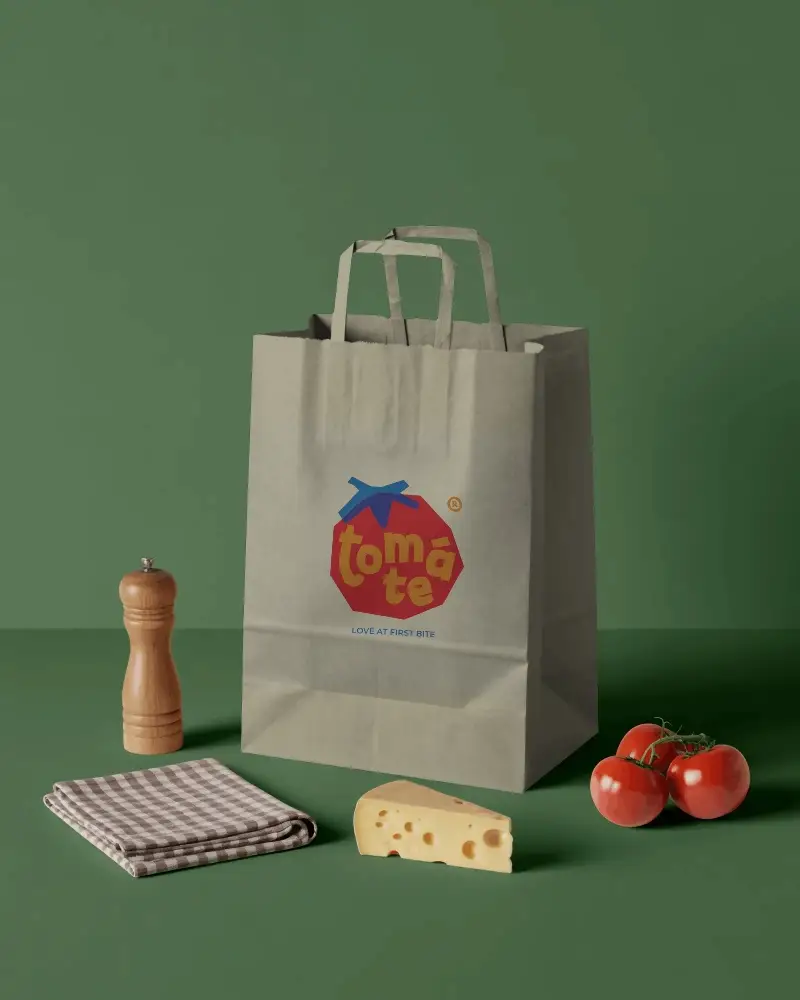 Eco Friendly Paper Bag Mockup With Tall Handle Standing On Solid Background